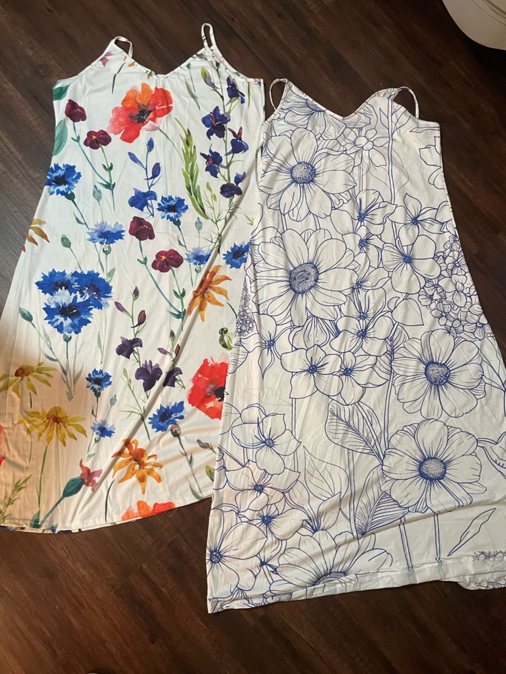 Amazon Women's Floral Maxi Dresses - White Base with Multicolor and Blue Print
